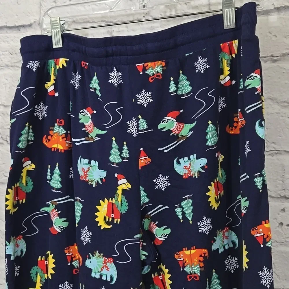 Christmas Dinosaur Pajama Pants Women L Navy Holiday Dino Lounge Joggers Pockets